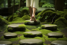 A Pair Of Bare Feet Gently Step On Moss-covered Stones, Making A Path Through A Peaceful Zen Garden Filled With Greenery