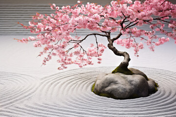 Wall Mural - In a tranquil Zen garden, a lone cherry blossom tree stands in full bloom, its delicate pink petals contrasting against a clear blue sky