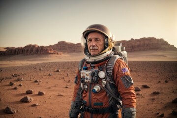 An elderly male astronaut wearing an orange spacesuit in the planet Mars. Copy Space