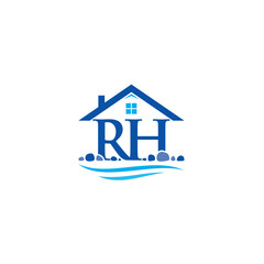 Letter RH, House, River and Stone logo or icon design