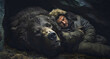 man hibernating with bear. AI generated.