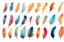 Watercolor Feather Illustration, Collection Of Colorful Watercolor Feathers. Generative Ai