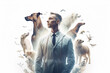 Double exposure photography of veterinarian with stethoscope and animals, on white background