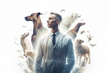 Fototapeta  - Double exposure photography of veterinarian with stethoscope and animals, on white background