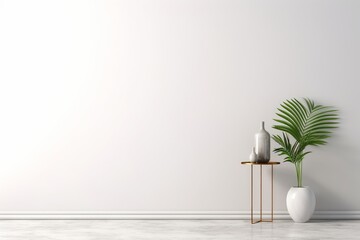 Interior background of room with white wall. Vase with palm leaf on decorative accent table. Empty mock up wall and marble flooring. Modern home decor. 3d, Generative AI