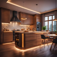 Wall Mural - A breathtaking interior luxurious cozy kitchen design with warm colors and wood features - magazine style photography