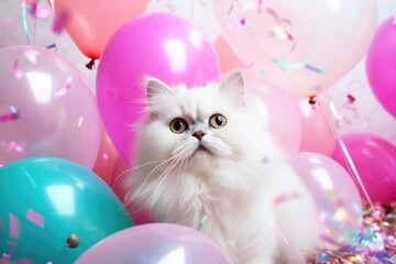 surprised little cat on solid bright background with colorful balloons.