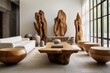 Interior design of modern living room with wooden and stone sculptures and live edge coffee table. Generative AI