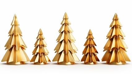 Wall Mural - Merry Christmas advent holiday cekebration greeting card illustration - Group collection of gold 3d christmas trees decoration, isolated on white table background texture