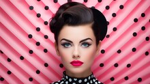 Closeup Frontal Angle Portrait Photo Of A Young Glamorous Woman, With Bold Eyebrows And Bold Big Pink Lips, Polka Dot Background