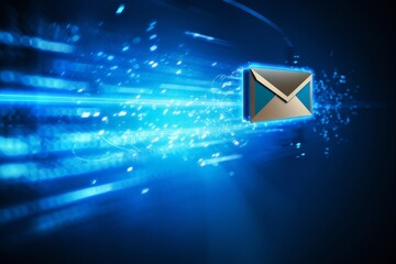 Futuristic blue express envelope and parcel abstract technology background. Business quantum internet network communication and high speed parcel delivery and email text sending message, Generative AI