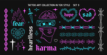 Y2k Glam Tattoo Art Set 9 In 1999s 2000s Style. Y2k Emo Goth Heart, Flame, Antique Statue Head. Chain Frame Element. Barbed Wire Frame Element. Goth Tattoo Line Art Stickers. Printable Vector Designs