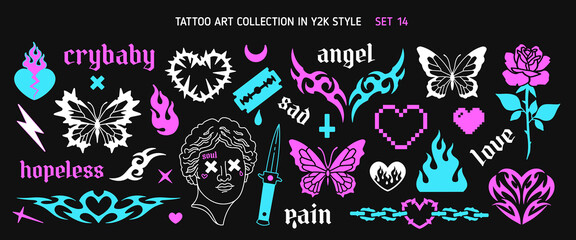 Wall Mural - Glam Tattoo Line Art set 14 in 1999s 2000s style. Y2k Emo heart, butterfly, barbed wire, chain, flame, antique statue head. Neo tribal pattern decoration. Goth tattoo stickers. Vector print design