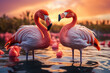 Two pink flamingo standing in a shallow pool of water at sunset.