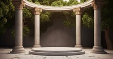 Stone Platform With Corinthian Pillars And Natural Trees With Shadow Background. Historical And Landmark Object For Advertising Concept. 3D Illustration, Generative AI