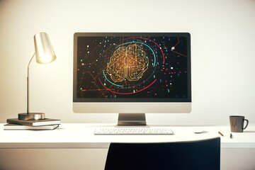 Wall Mural - creative artificial intelligence concept with human brain hologram on modern laptop screen. 3d rende