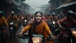 © visoot - Hundreds of women on the street of India taking part in a motorcycle rally enjoying the ride in a rainy day.