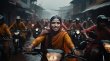 Hundreds Of Women On The Street Of India Taking Part In A Motorcycle Rally Enjoying The Ride In A Rainy Day.
