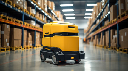 Aufkleber - Yellow Automatic Guided Vehicle amidst shelves with cardboard boxes in contemporary distribution warehouse.