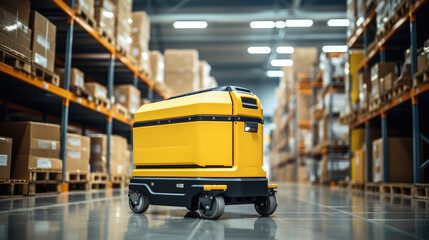 Leinwandbilder - Yellow Automatic Guided Vehicle amidst shelves with cardboard boxes in contemporary distribution warehouse.