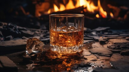 Wall Mural - A smoldering fire with a glass of whisky in the foreground.