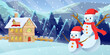 © want - Landscape flat illustration of a beautiful house and two cute snowmen on a snowy hillside