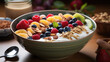 A vibrant breakfast bowl of fresh fruit and colorful vegetables with a dollop of yogurt, Topped with a sprinkle of nuts and seeds.