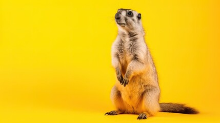 Wall Mural - banner for Groundhog Day. Cute, marmot, rodent stands on a yellow studio background with space for your text