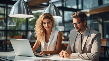 Poster - Businessman with two colleagues working in a bright office.