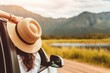 Happy woman hand holding hat outside open window car with meadow and mountain lake background. People relaxing as traveler on road trip in holiday vacation. Transportation and travel, Generative AI
