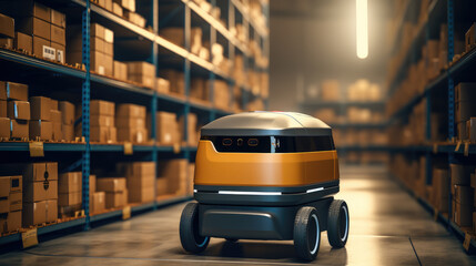Aufkleber - Delivery robot parked in modern warehouse with stacks of goods in shelves and waiting for transport and shipment.