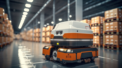 Leinwandbilder - Automation robot work delivery cardboard boxes in distribution logistics center.