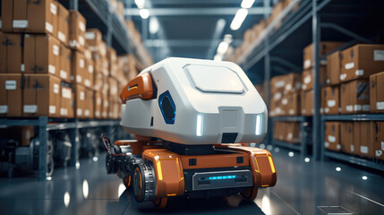 Leinwandbilder - Automation robot work delivery cardboard boxes in distribution logistics center.