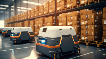 Leinwandbilder - Automated Retail Warehouse AGV Robots with Infographics Delivering Cardboard Boxes in Distribution Logistics Center.
