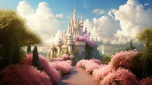 A Fabulous Castle With A Path Of Lush Flowers And Cotton Candy Clouds
