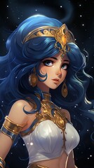 Girl in the night. A beautiful fantasy princess with blue hair and crown. 