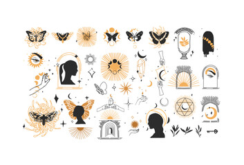Wall Mural - hand drawn vector abstract graphic line illustration elements collection set,magic crescent,butterfl