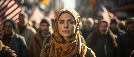 Wall Mural - Muslim woman with headscarf marching in protest with a group of people