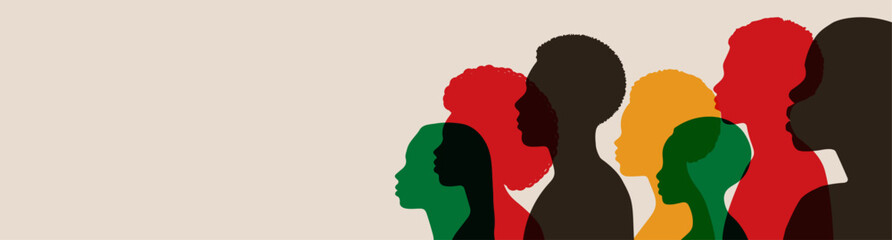 Silhouette face head in profile ethnic group of black African and African American men and women. Identity concept - racial equality and justice. Racism, discrimination. Juneteenth emancipation.