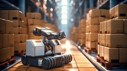 Robotic carriers move goods in a modern warehouse.