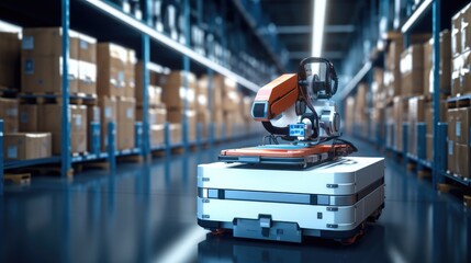 Leinwandbilder - Robot forklift efficiently sorting in modern warehouse, Automated warehouse concept with automation robot work in warehouse.