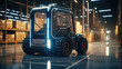 © visoot - Futuristic Autonomous Forklift Drives on the Warehouse with Sensors Scanning Surrounding, Special Effects of Self Driving Forklift.