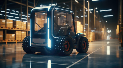Leinwandbilder - Futuristic Autonomous Forklift Drives on the Warehouse with Sensors Scanning Surrounding, Special Effects of Self Driving Forklift.
