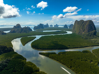 Wall Mural - aerial view mangrove forest and mountain peak of Phang nga bay, Thailand