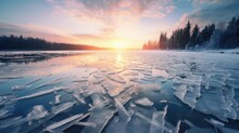 Beautiful Landscape View Of A Frozen Lake With Ice Snow And Smoke