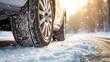 Winter tires special offer. Closeup view of the car's wheel on the snowy road. Driving in extreme winter conditions. Tire change service banner. Safety on the road, defensive driving courses