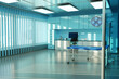 Hospital interior. Surgeon office. Private clinic with couch for examining patients. Doctor office with computer and many cabinets. Hospital room with blinds on windows. Medicine healthcare. 3d image