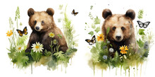 Watercolor Illustration Of A Little Bear Surrounded By Grass, Ferns Flowers And Butterflies. Delicate And Peaceful Spring Nature Scene Isolated On Transparent Background