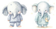 Group of chubby cute Elephants wearing pajamas. watercolor illustration. Isolated on transparent background