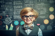 Smart little student in front of a blackboard in a classroom. Clever boy wearing eyeglasses and formal clothes.